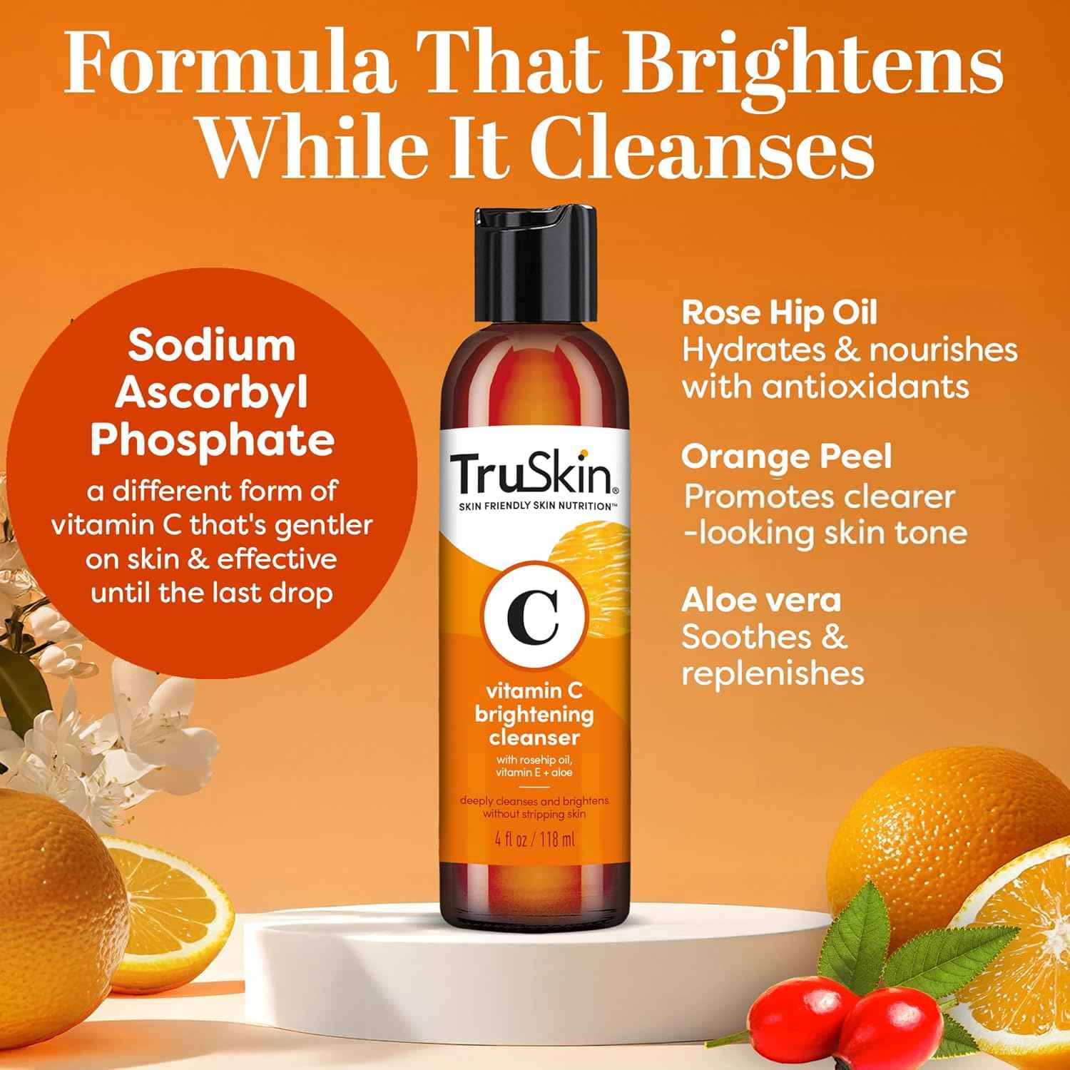 TruSkin Vitamin C Face Wash Cleanser - Brightening Facial Cleanser with Vitamins C & E, Rosehip Oil, Aloe Vera & MSM - Gently Cleanses, Refreshes & Supports Radiant Skin