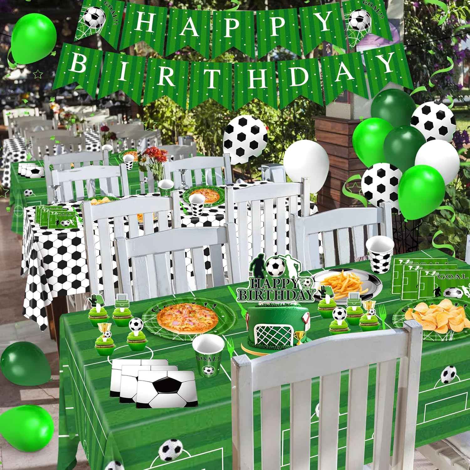 Soccer Party Decorations, 143Pcs Soccer Birthday Party Supplies-Serves 24 with Plates and Napkins Tablecloth and Birthday Banner Balloons for Soccers Sports Theme Birthdays Decorations