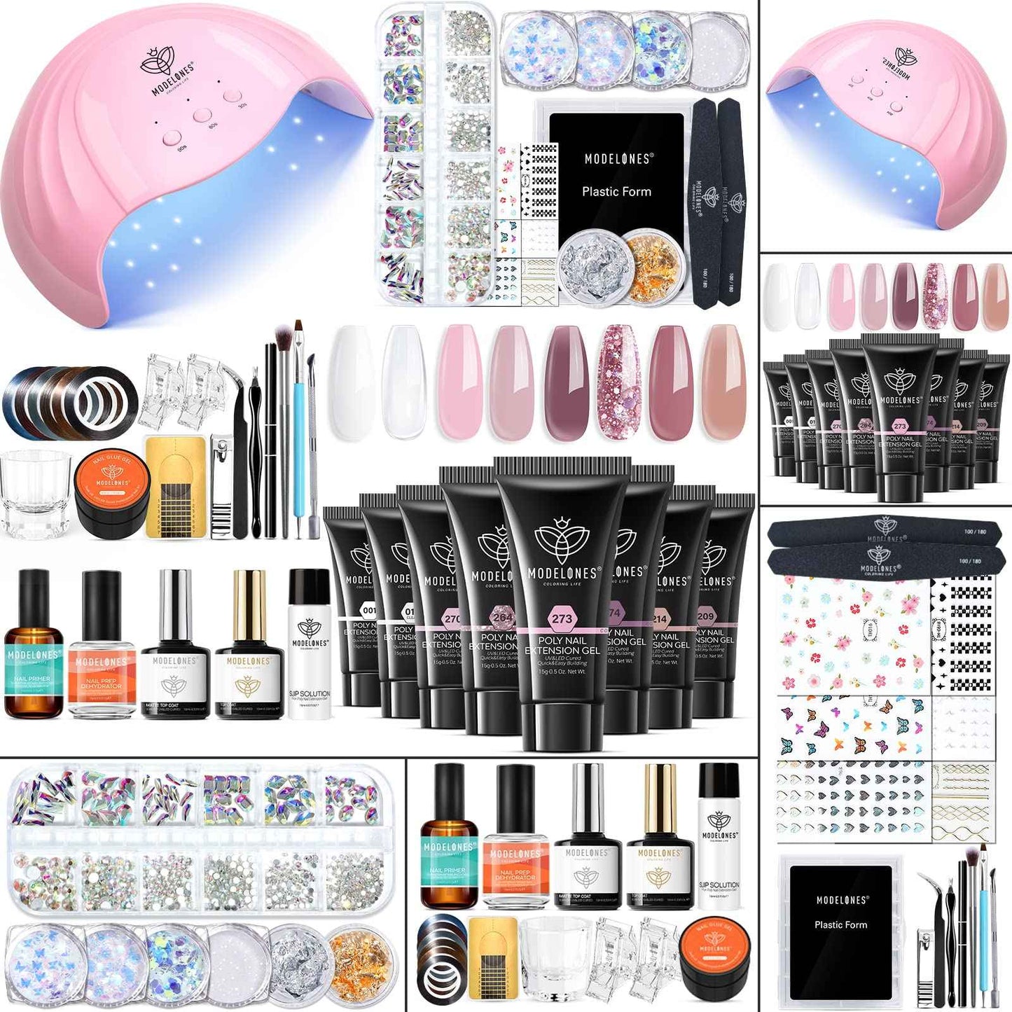 Modelones Poly Gel Nail Kit 3 Colors White Apricot with Slip Solution Dual Nail Forms Top Base Coat Extension Builder Gel Enhancement Professional Starter Kit DIY Nail Art Salon Use