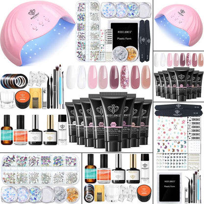Modelones Poly Gel Nail Kit 3 Colors White Apricot with Slip Solution Dual Nail Forms Top Base Coat Extension Builder Gel Enhancement Professional Starter Kit DIY Nail Art Salon Use