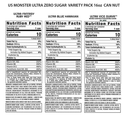 Monster Energy Ultra Variety Pack, Blue Hawaiian, Ultra Vice Guava, Ultra Fantasy Ruby Red, Sugar Free Energy Drink, 16 Ounce Can (Pack of 15)