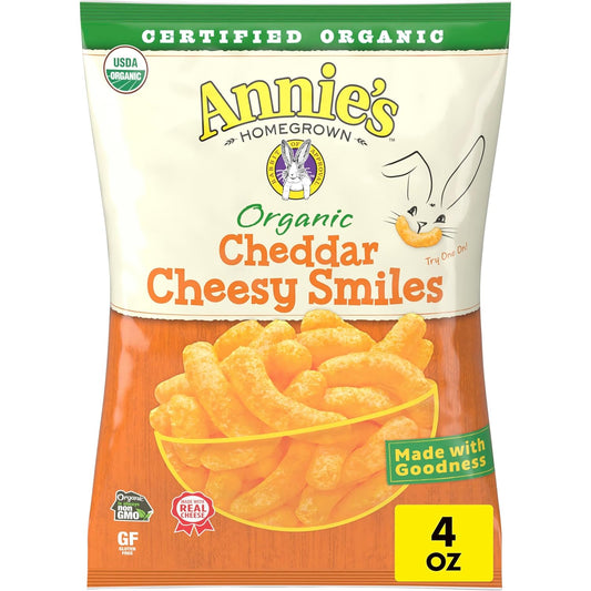 Annie's_Organic_Cheddar_Cheesy_Smiles,_Baked_Corn_Puffs,_Gluten_Free,_4_oz