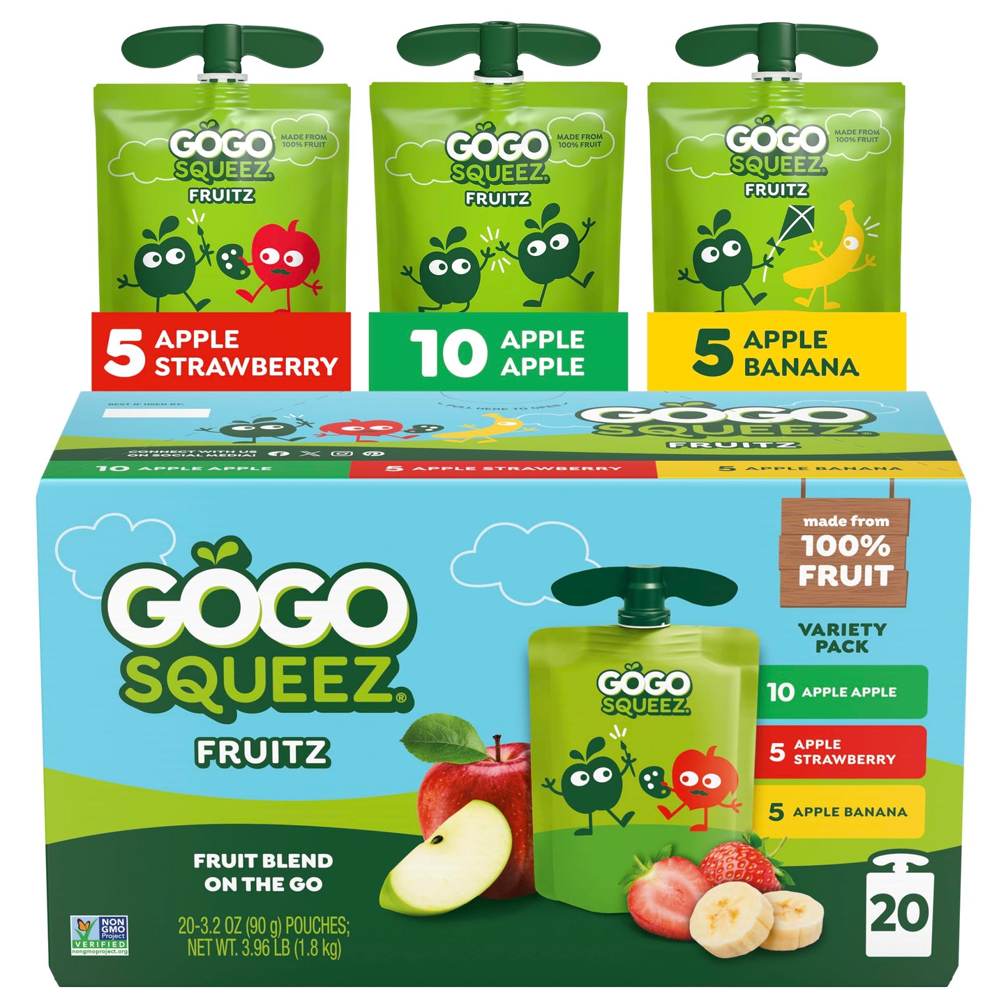 GoGo squeeZ Applesauce and Fruit Puree Variety Pack, Apple, Banana &amp;amp; Strawberry, 3.2 oz (Pack of 20), Unsweetened Fruit Snacks for Kids, Gluten Free, Nut Free, BPA Free Pouches (Packaging May Vary)
