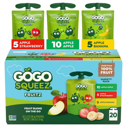 GoGo squeeZ Applesauce and Fruit Puree Variety Pack, Apple, Banana &amp;amp; Strawberry, 3.2 oz (Pack of 20), Unsweetened Fruit Snacks for Kids, Gluten Free, Nut Free, BPA Free Pouches (Packaging May Vary)