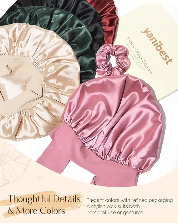 YANIBEST Adjustable Double Layer Satin Bonnet, Silk Hair Bonnet for Sleeping with Elastic Tie Curly Natural Hair Reduce frizz