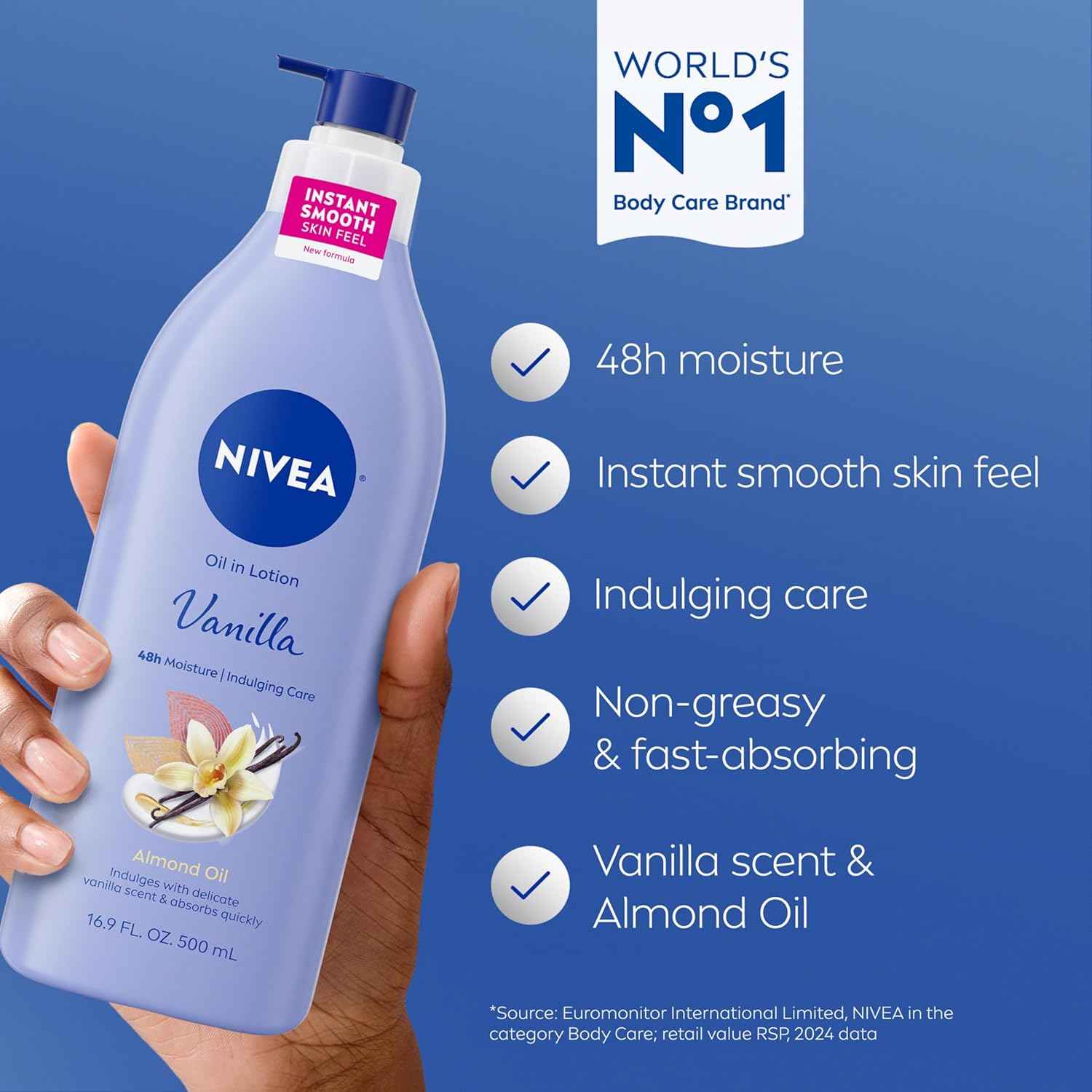 NIVEA Oil Infused Vanilla and Almond Oil Body Lotion for Women, Fast-Absorbing and Non-Greasy Vanilla Scented Lotion Moisturizes for 48 Hours, 16.9 Fl Oz Pump Bottle
