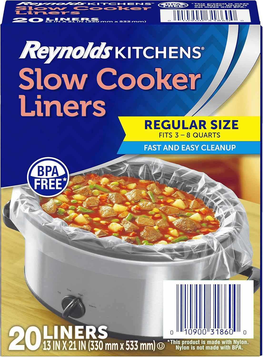 Reynolds Kitchens Bulk Slow Cooker Liners, Fits 3-8 Quart Round and Oval Slow Cookers, Regular Size, BPA-Free Nylon Blend Construction, Heat-Resistant Up to 400F, Prevents Stuck on Food