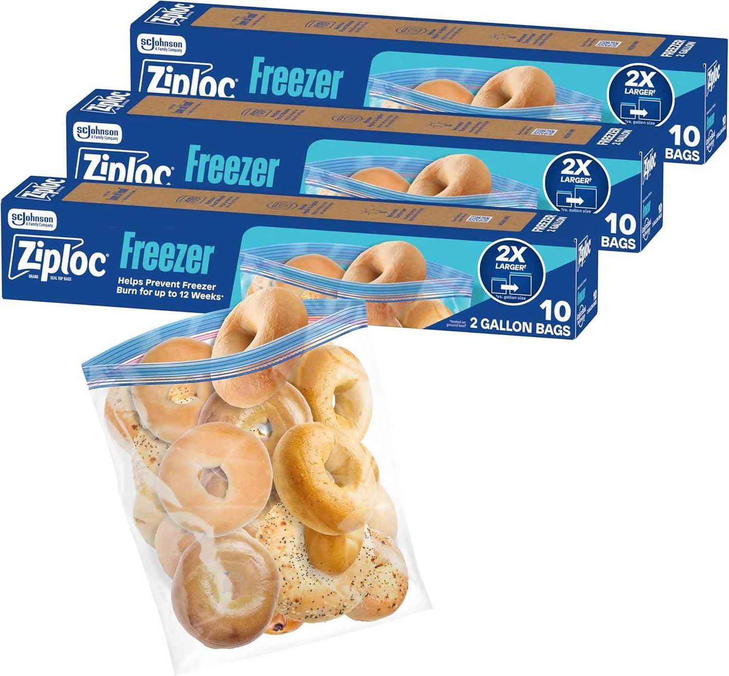 Ziploc 2 Gallon Food Storage Freezer Bags, Grip 'n Seal Technology for Easier Grip, Open, and Close, 30 Bags Total