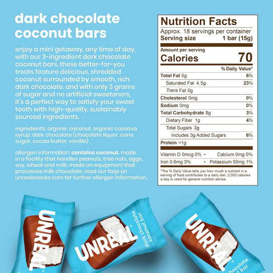 UNREAL Dark Chocolate Coconut Bars | Vegan, 3g Sugar, & 3 Simple Ingredients | Non-GMO, Gluten Free, & Fair Trade | 9.5oz
