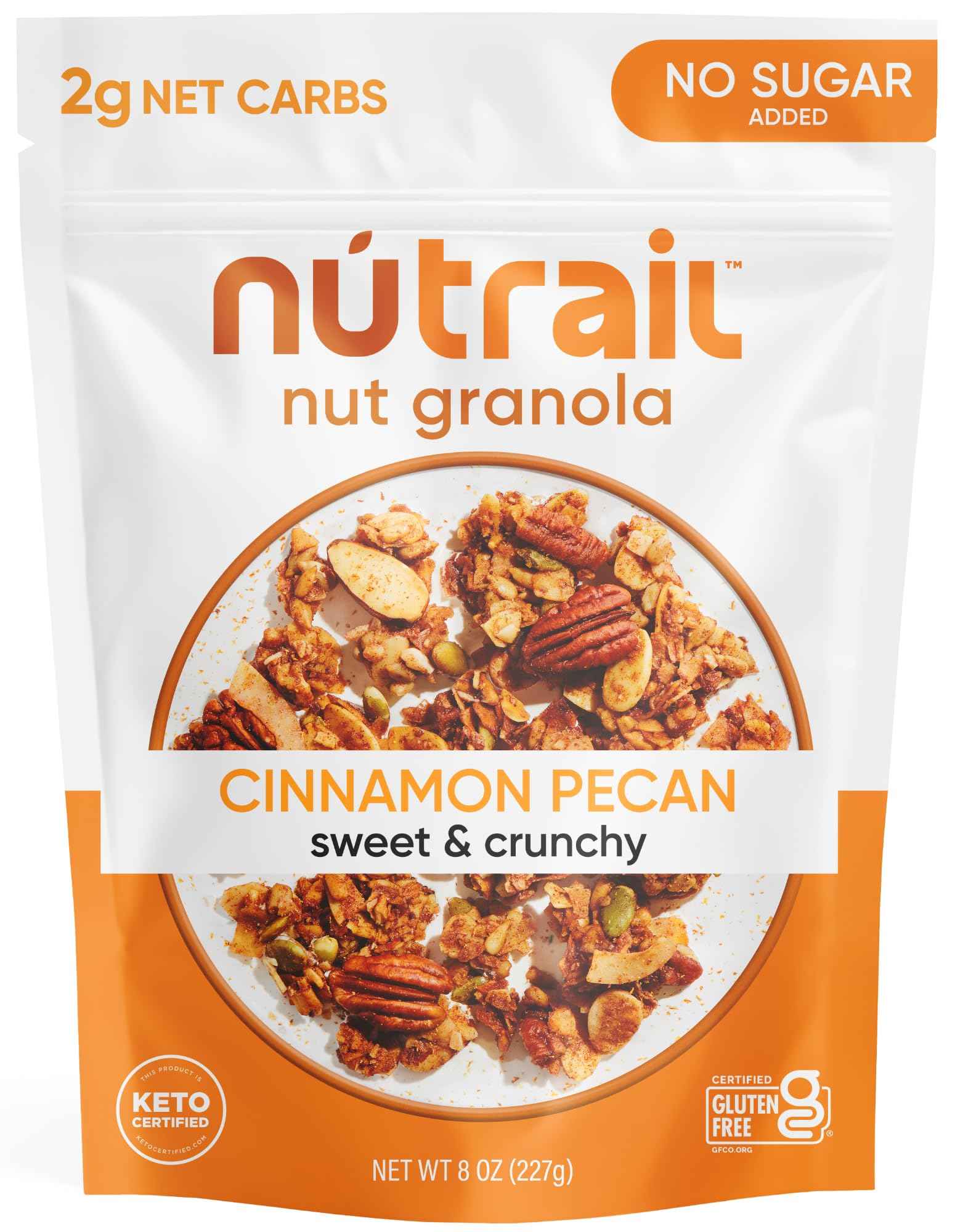 NuTrail Nut Granola Cereal, Cinnamon Pecan, No Sugar Added, Gluten Free, Grain Free, Keto, Low Carb, Healthy Breakfast 8 oz