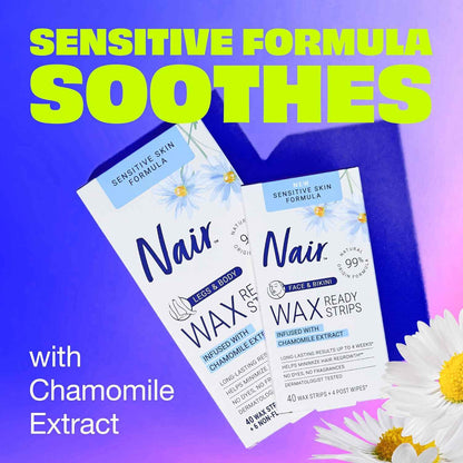 Nair Sensitive Hair Remover Mess-Free Wax Ready Strips, Legs and Body Easy Hair Removal Wax Strips for Sensitive Skin, Chamomile Extract, Dermatologist Tested, Plus 6 Post Wipes