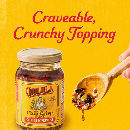 Cholula_Chili_Crisp_Sauce,_Chiles_&_Pepitas,_Crunchy_Topping_for_Tacos,_Tostadas,_Eggs,_Pizza_and_More,_8_oz