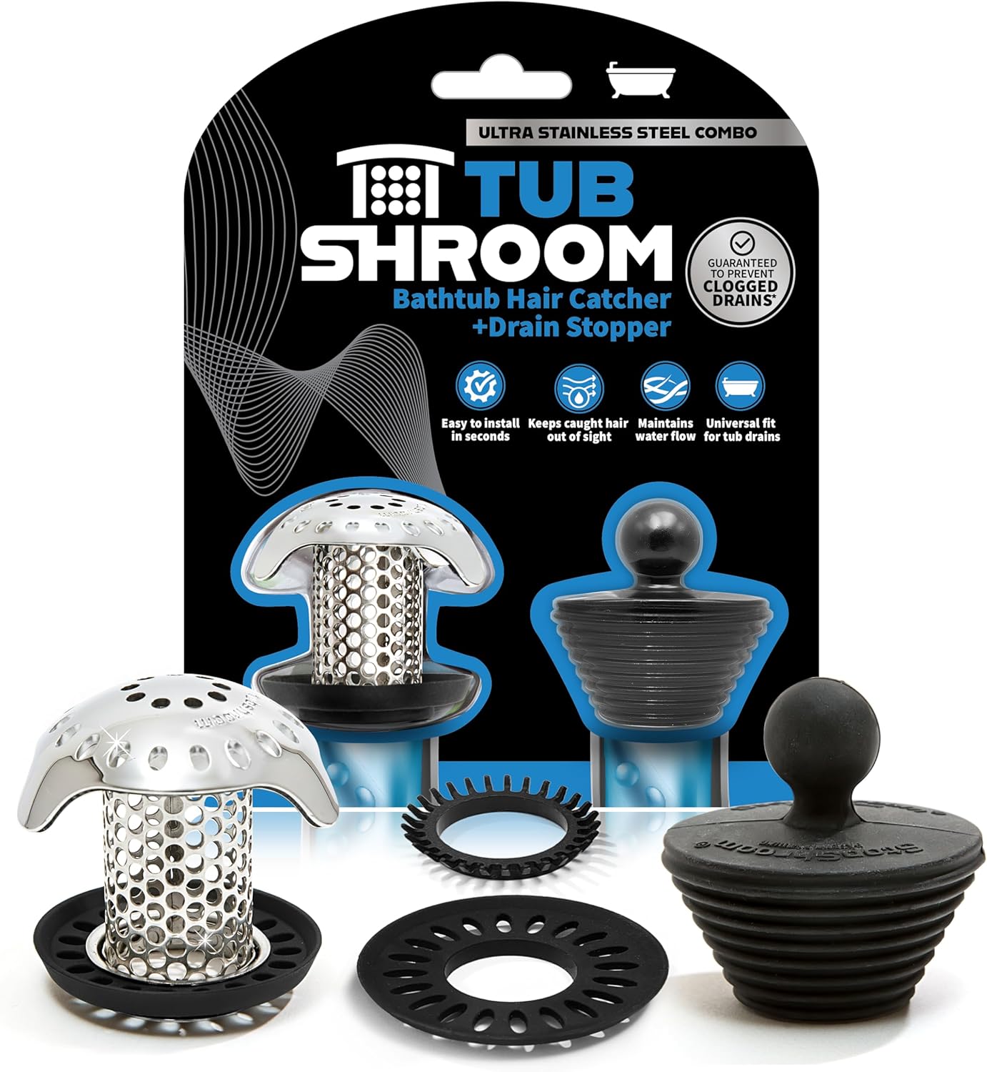 TubShroom_Ultra_Revolutionary_Bath_Tub_Drain_Protector_Hair_Catcher/Strainer/Snare,_Stainless_Steel,_Stainless_Combo