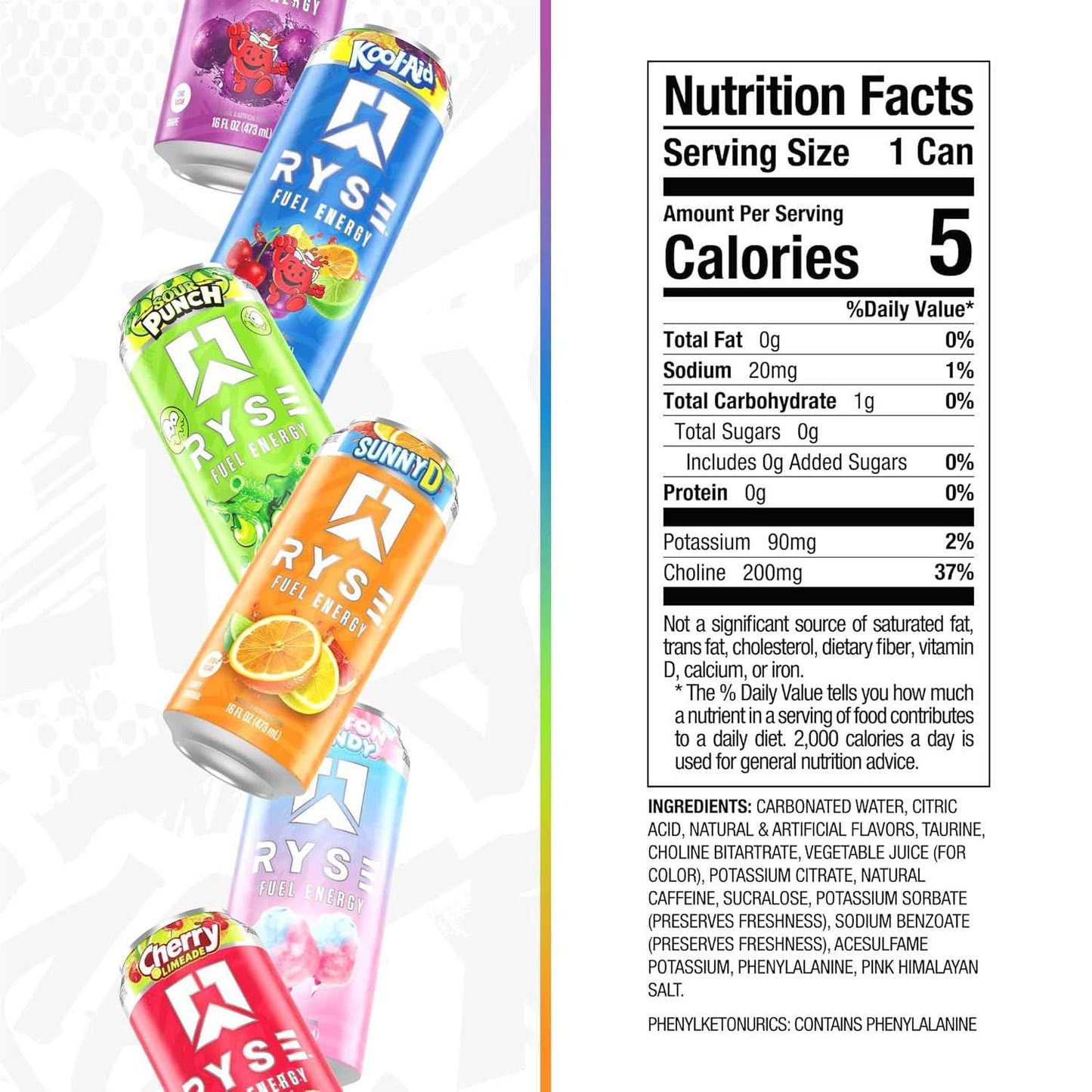 RYSE Fuel Energy Drink - Sugar Free, Gluten Free & Vegan - 200mg Natural Caffeine, Taurine & Choline for Focus & Energy - No Artificial Colors