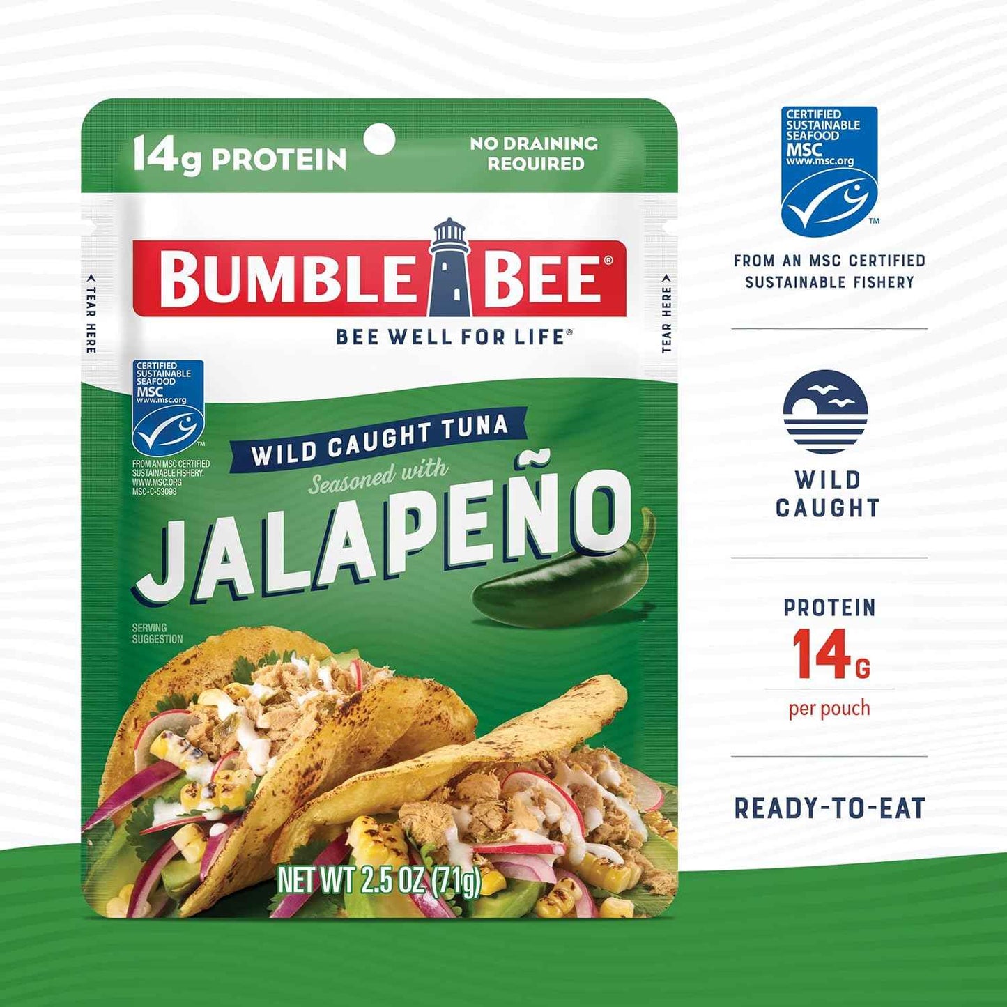 Bumble Bee Seasoned Tuna Pouch - Wild Caught and Ready to Eat for Snack, Salad, Korean Tuna Bowl - 14g Protein per Serving - PERFECT, PORTABLE, GOODNESS - 2.5 oz Packet