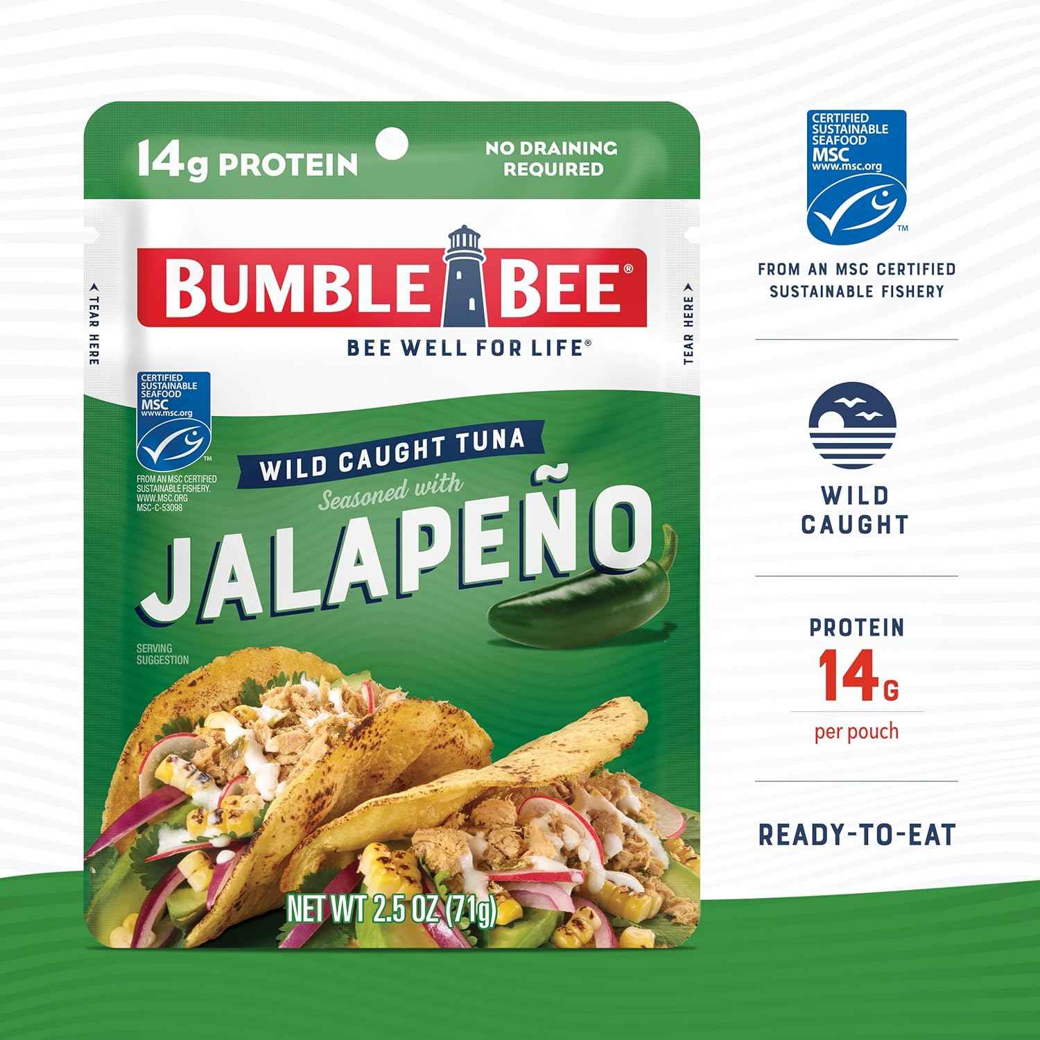 Bumble Bee Seasoned Tuna Pouch - Wild Caught and Ready to Eat for Snack, Salad, Korean Tuna Bowl - 14g Protein per Serving - PERFECT, PORTABLE, GOODNESS - 2.5 oz Packet