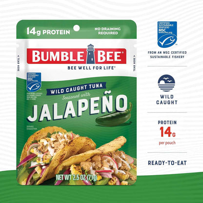 Bumble Bee Seasoned Tuna Pouch - Wild Caught and Ready to Eat for Snack, Salad, Korean Tuna Bowl - 14g Protein per Serving - PERFECT, PORTABLE, GOODNESS - 2.5 oz Packet