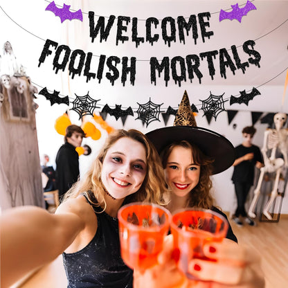 Welcome_Foolish_Mortals_Halloween_Banner_Decorations_Halloween_Haunted_Mansion_Banner_Wall_Decorations_with_Bat_and_Spider_for_Halloween_Party_Decorations