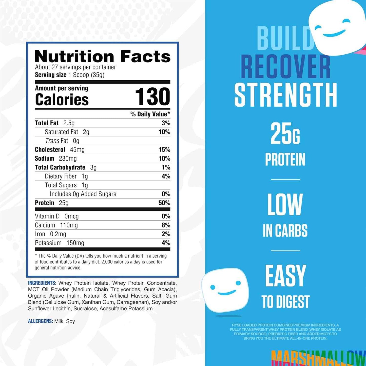 RYSE Loaded Protein Powder - 25g Whey Protein Isolate & Concentrate with Prebiotic Fiber & MCTs - Low Carb, Low Sugar, Digestive-Friendly