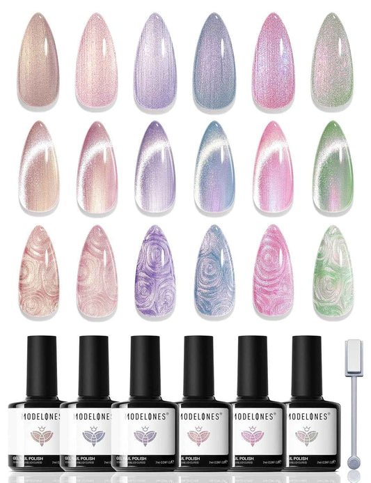 modelones Cat Eye Gel Nail Polish, 6 Colors Shimmer Pearl Magnetic Nail Drawing Set with Magnet, Iridescent Mermaid Swirl Shell Thread Purple Pink Blue Glitter, DIY Manicure Gift for Women Girl