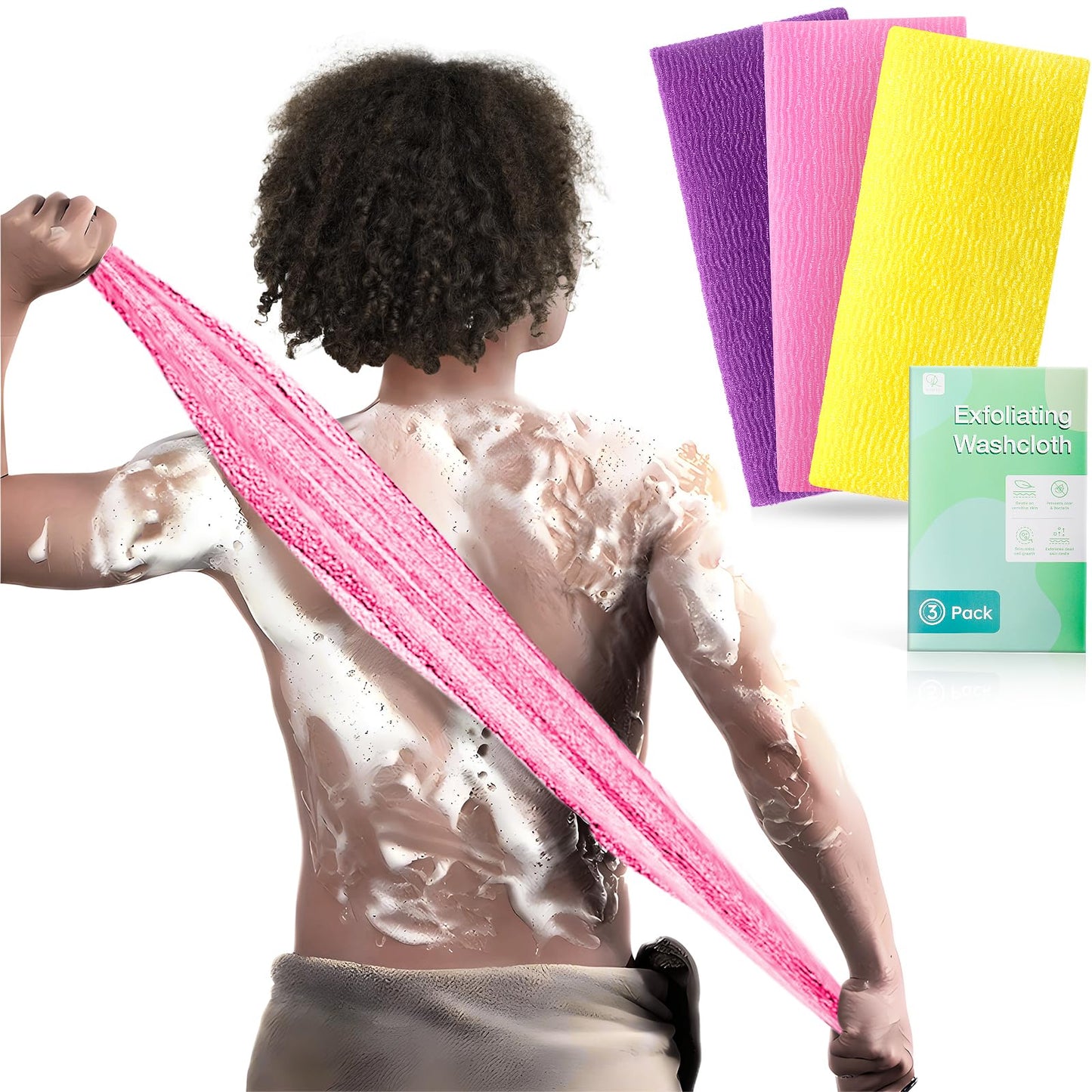 RIUOTA 3 Pieces Exfoliating Washcloth Shower Towel African Net Sponge Japanese Wash Cloth Face Exfoliating Sponge Loofah Exfoliating Body Scrubber for Body Exfoliation