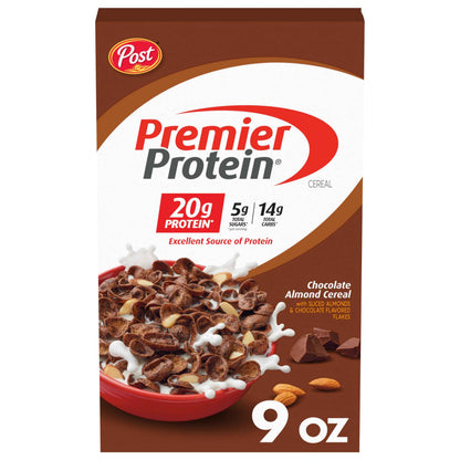 Post Premier Protein Cereal, Chocolatey Protein Cereal Flakes with Sliced Almonds, Contains 20g of Protein Per Serving, 30 OZ Box