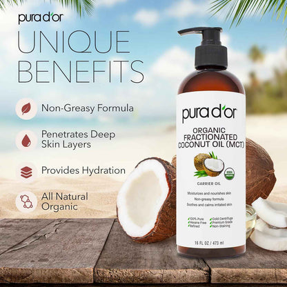 PURA D'OR ORGANIC Fractionated Oil – USDA Certified – MCT Oil – Therapeutic, Hydrating, Lightweight Moisturizer – Hexane Free Carrier Oil For Essential Oils & Massage – Face, Hair & Body