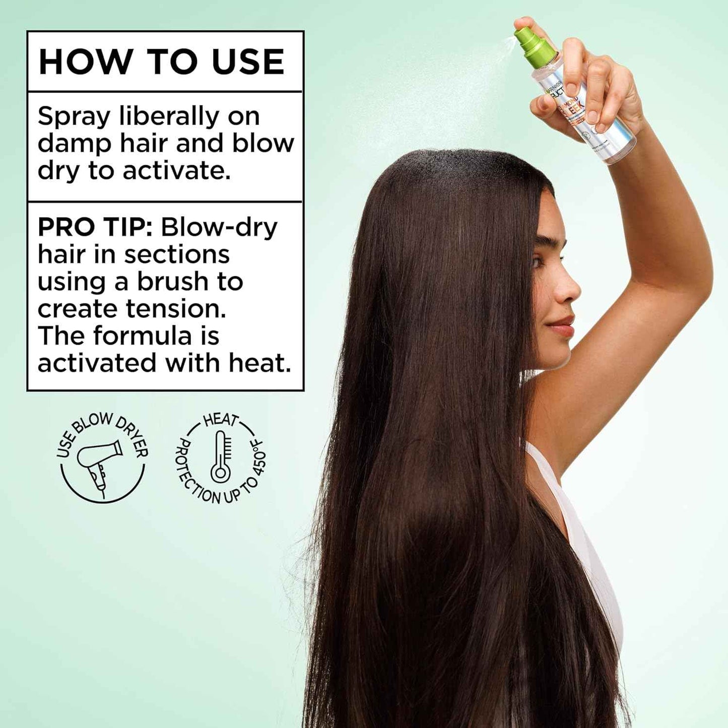 Garnier Fructis Diamond Sleek Hair Shine Spray, Frizz Control and Heat Protectant for Frizzy, Dry Hair, Formulated with Vegan Keratin Smoothing Complex and Argan Oil, 4.6 Fl Oz