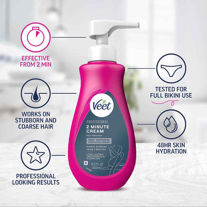Veet Professional 2 Minute Cream for All Skin Types with Shea Butter, Full Bikini & Pubic Hair Removal, Dermatologically Tested, 13.5 FL OZ Bottle w/Spatula