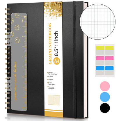 Graph Paper Notebook, Spiral Notebook Journal 8.5” x 11”, A4 Large Grid Notebooks for Women Men, 100 GSM Graph Paper, Plastic Hardcover Spiral Graphing Journals for Work School Engineerin, Black