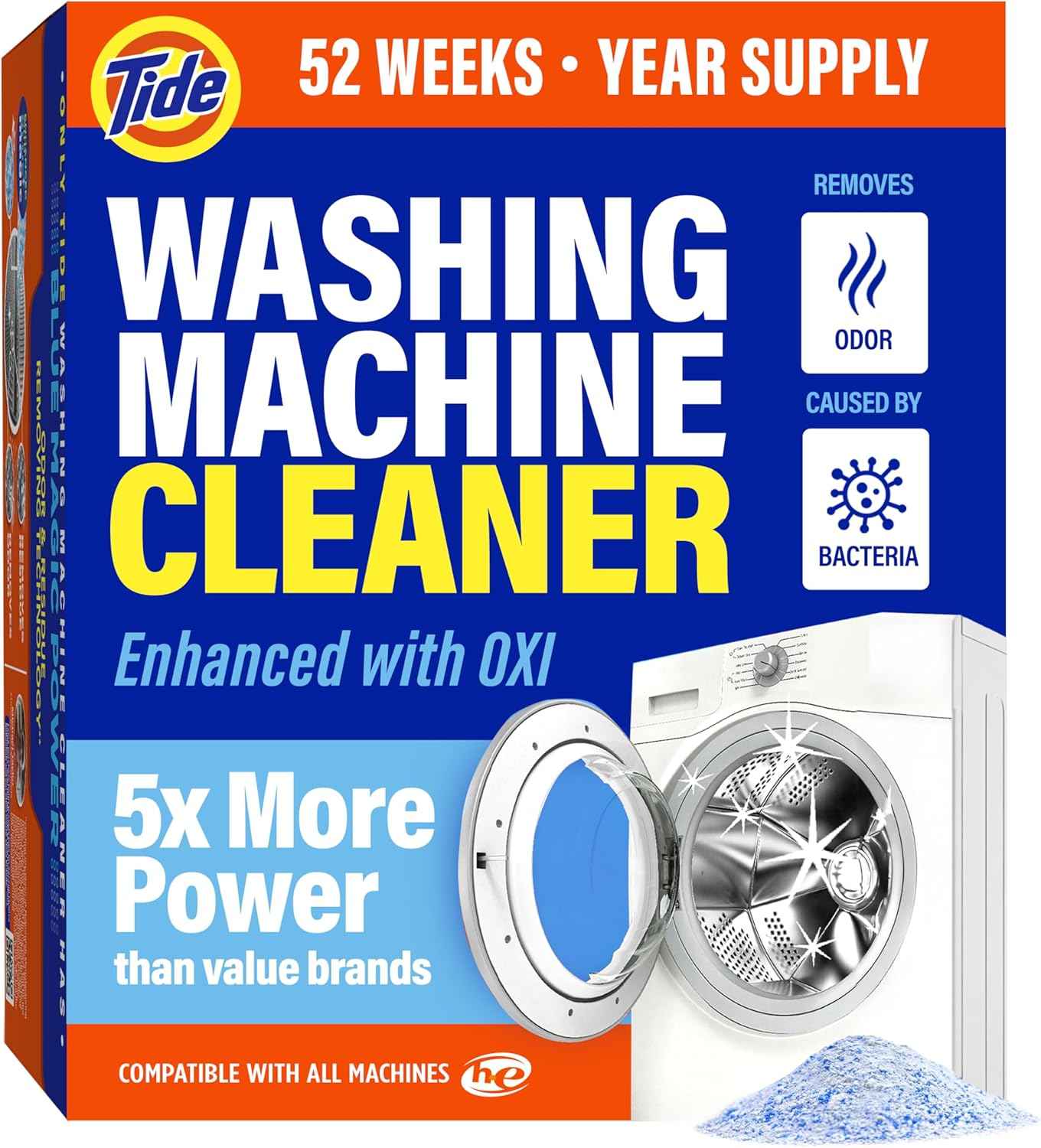 Tide Washing Machine Cleaner 52 Week Supply with Oxi for Front and Top Loader Washer Machines, Deep Cleaning Residue & Odor Eliminator, 12 Month Supply (Packaging May Vary)
