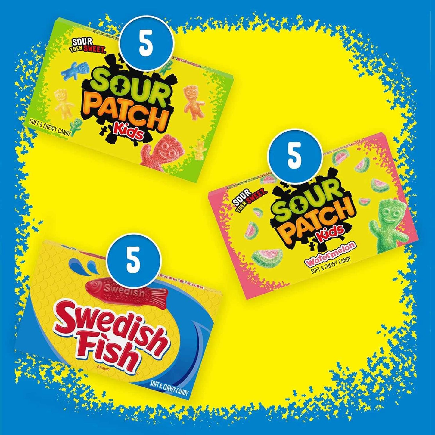 SOUR PATCH KIDS Original Candy, SOUR PATCH KIDS Watermelon Candy & SWEDISH FISH Candy Variety Pack, Easter Candy, 15 Movie Theater Candy Boxes