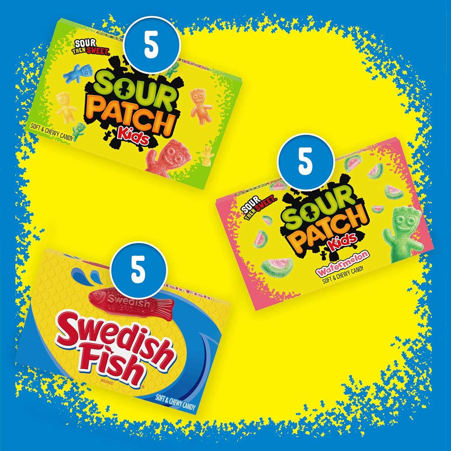 SOUR PATCH KIDS Original Candy, SOUR PATCH KIDS Watermelon Candy & SWEDISH FISH Candy Variety Pack, Easter Candy, 15 Movie Theater Candy Boxes