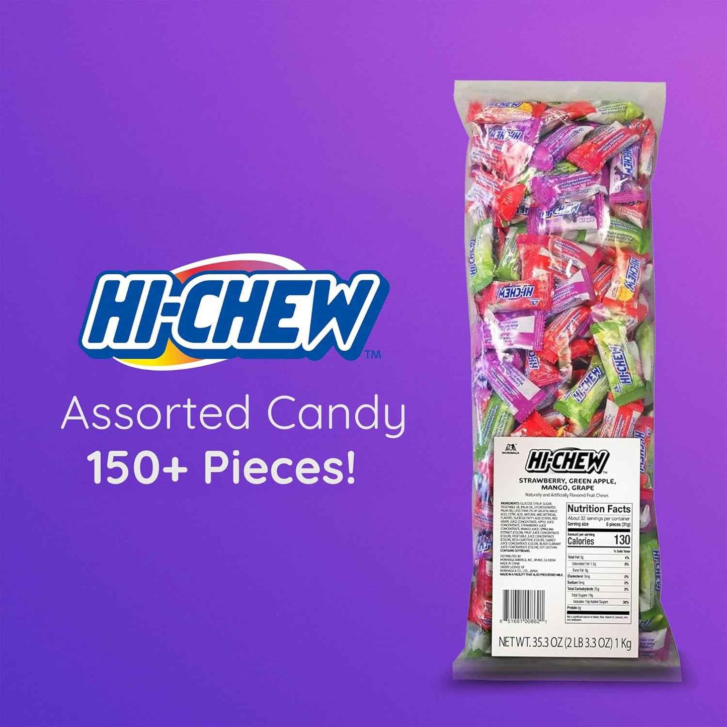 HI-CHEW Assorted, Green Apple Strawberry Mango Grape, Soft & Chewy Candy 2lb - 185+ Pieces Individually Wrapped - Made with Immensely Juicy Fruity Flavors