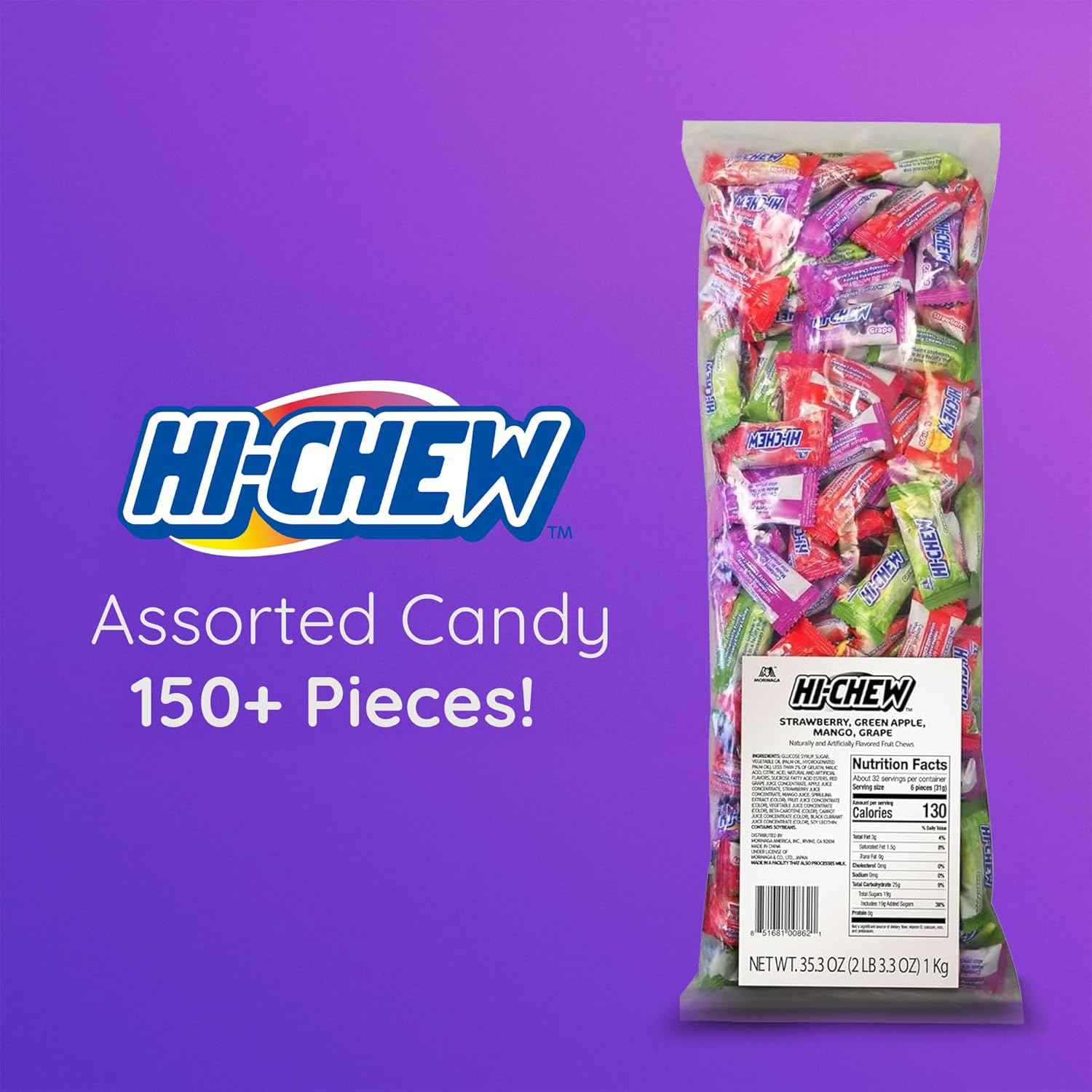 HI-CHEW Assorted, Green Apple Strawberry Mango Grape, Soft & Chewy Candy 2lb - 185+ Pieces Individually Wrapped - Made with Immensely Juicy Fruity Flavors