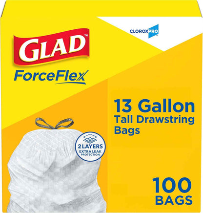 CloroxPro Glad ForceFlex Tall Drawstring Trash Bags, 13 Gal, 100 Ct (Pack May Vary)