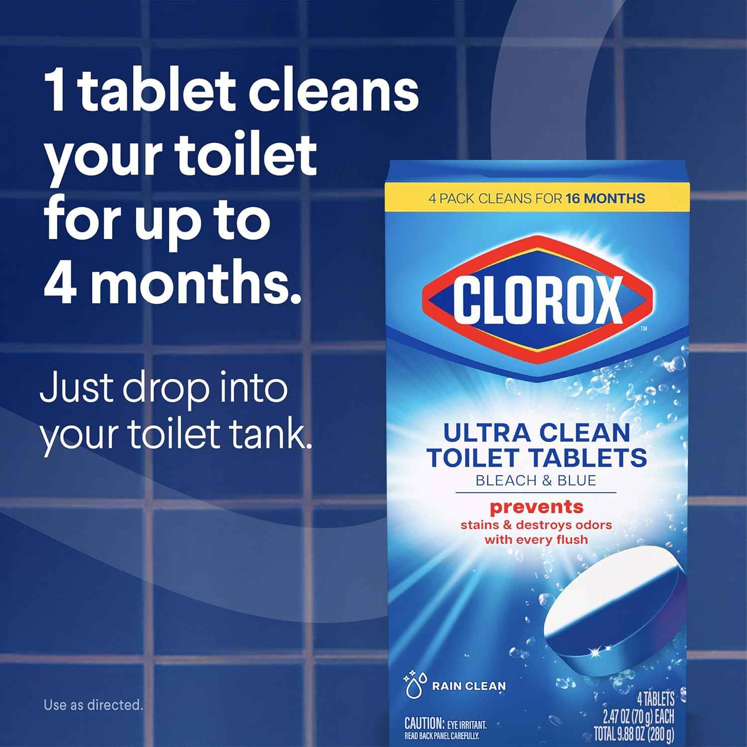 Clorox Ultra Clean Toilet Tablets Bleach & Blue, Rain Clean Scent, 2.47 Ounces Each