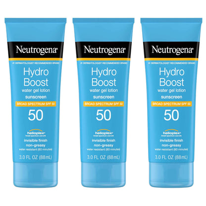 Neutrogena Hydro Boost Water Gel Sunscreen SPF 50, Oil‑Free Hydrating & Water‑Resistant Face & Body Sunscreen Lotion, Non‑Greasy, Broad Spectrum, Lightweight Moisturizer, 3 fl oz