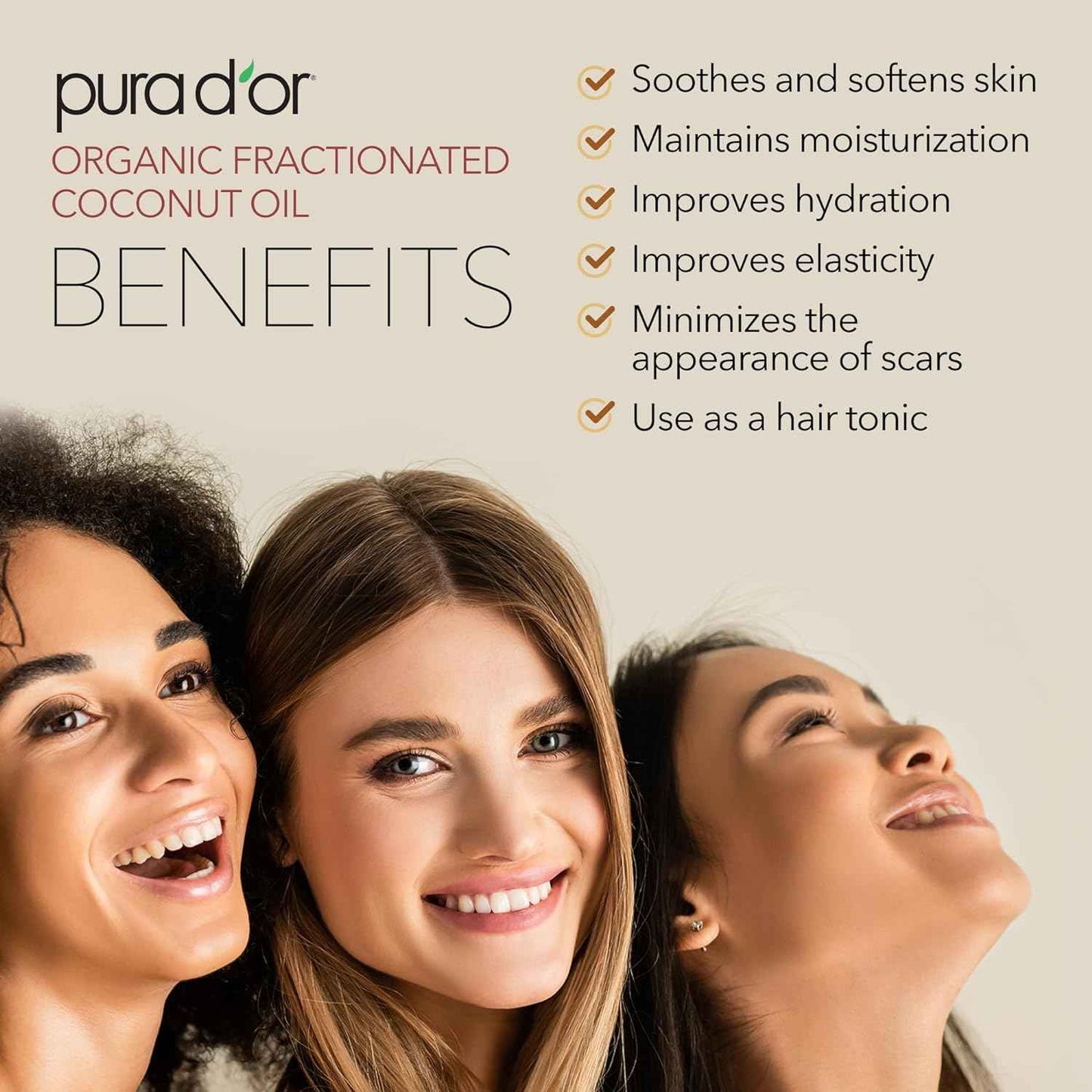PURA D'OR ORGANIC Fractionated Oil – USDA Certified – MCT Oil – Therapeutic, Hydrating, Lightweight Moisturizer – Hexane Free Carrier Oil For Essential Oils & Massage – Face, Hair & Body