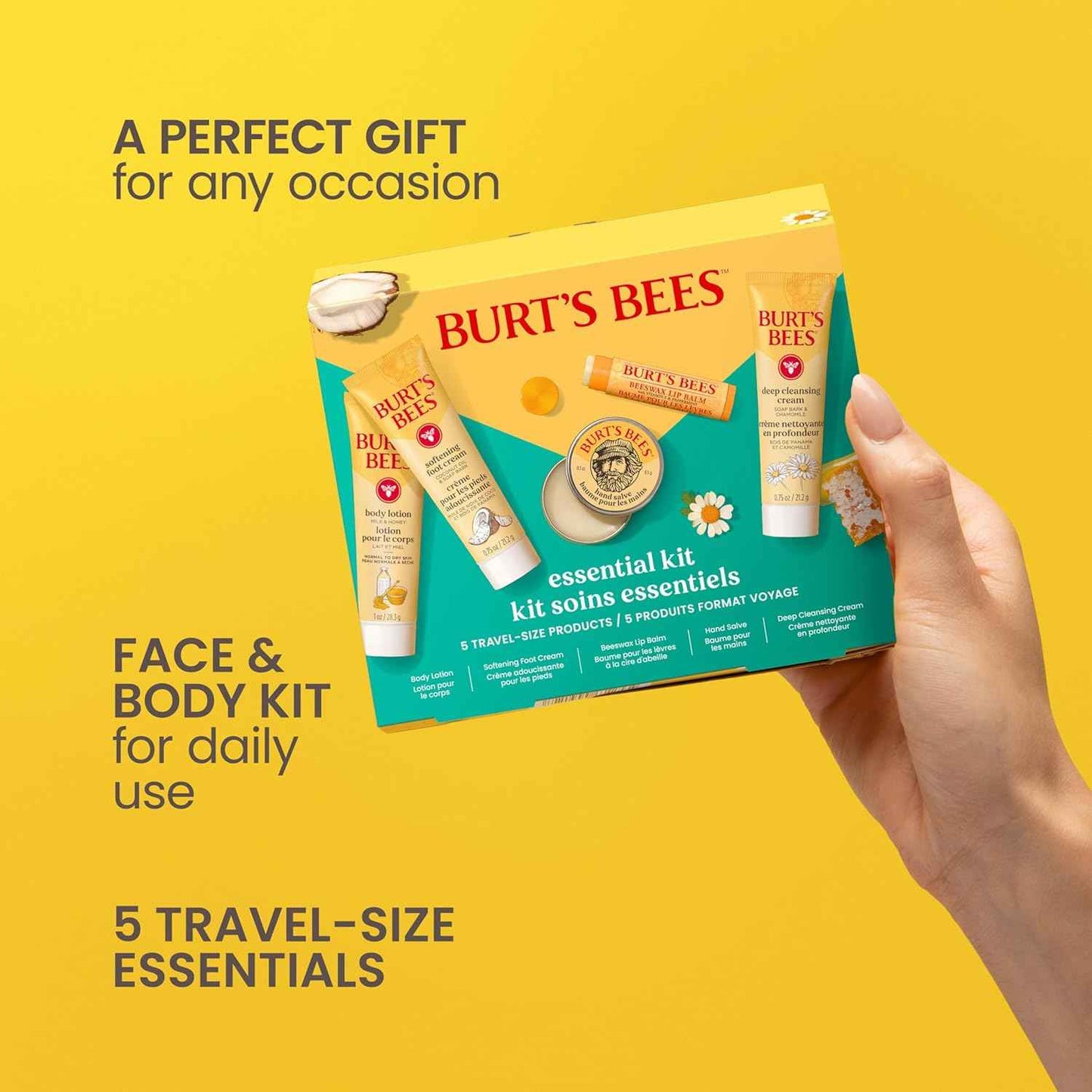 Burt's Bees Mothers Day Gifts Ideas, 5 Travel Size Products - Deep Cleansing Cream, Hand Salve, Body Lotion, Foot Cream and Original Lip Balm