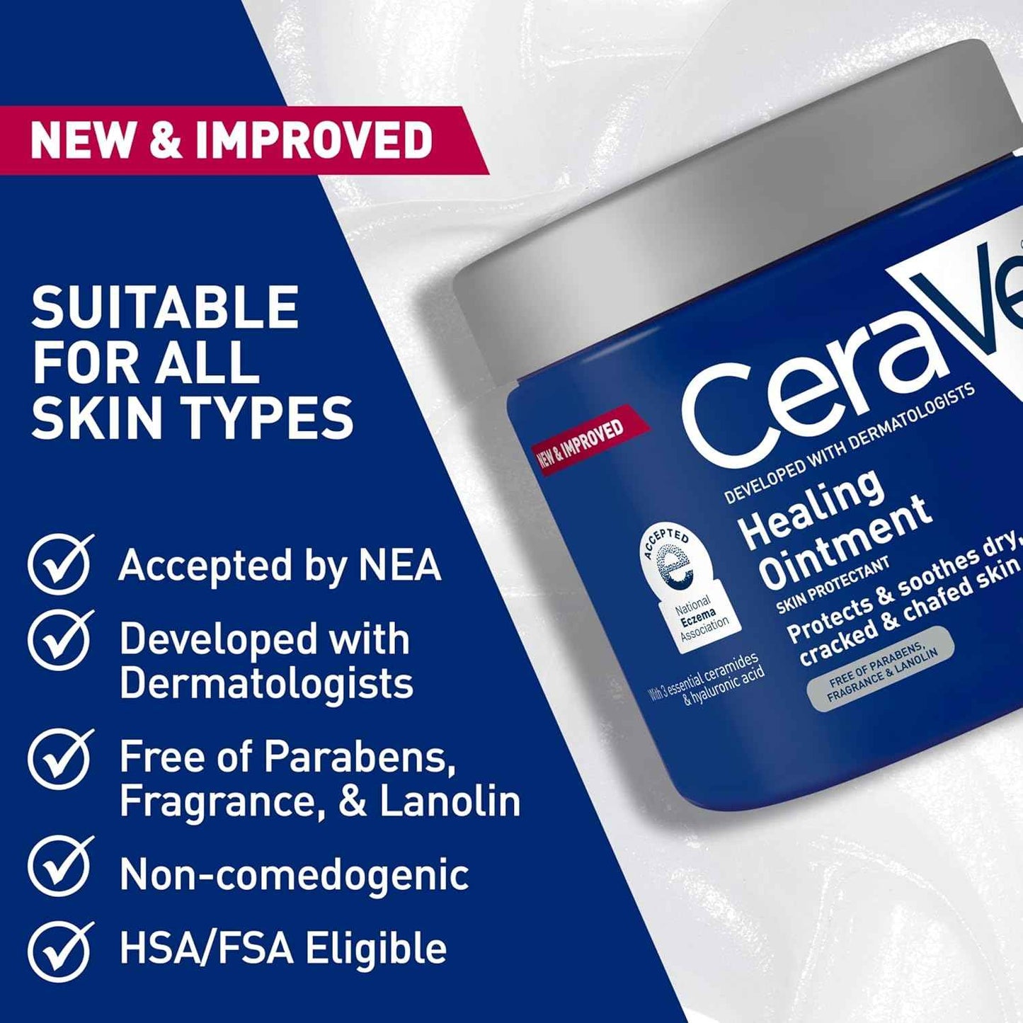 CeraVe Healing Ointment, Hydrating Skin Protectant With Petrolatum, Hyaluronic Acid & Ceramides, Face & Body Skin Barrier Repair For Cracked, Chafed, Dry Skin, Fragrance Free & Lanolin Free