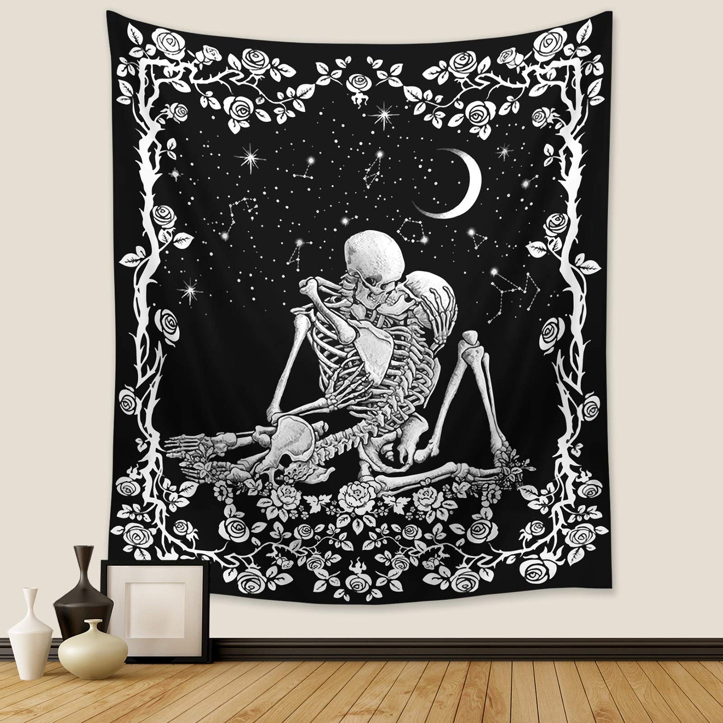 Wonrizon_The_Kissing_Lovers_Skull_Tapestry,Black_and_White_Romantic_Constellation_Skeleton_Tapestries_Wall_Hanging_decor_for_Living_Room_Bedroom_(30”x_40”)