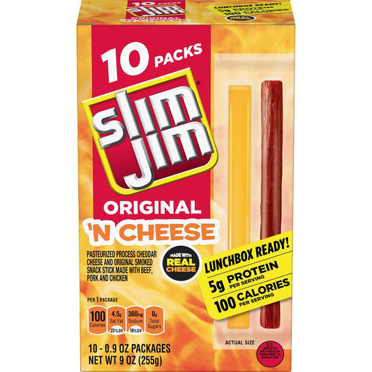 Slim_Jim_Beef_'N_Cheese_Smoked_Meat_Sticks,_Original_Flavor,_5g_Protein_Per_Serving,_Snack_Size,_0.9_oz._(10_Count)
