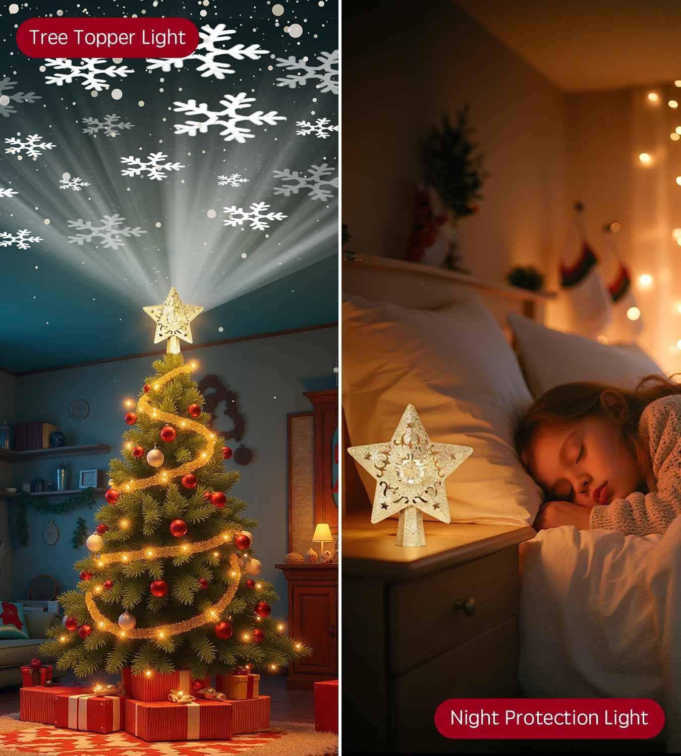 Holidayx Snowflake Star Topper – Toddler-Friendly Christmas Bedroom Décor, No Flame and No Wax Plug-In Night Light
