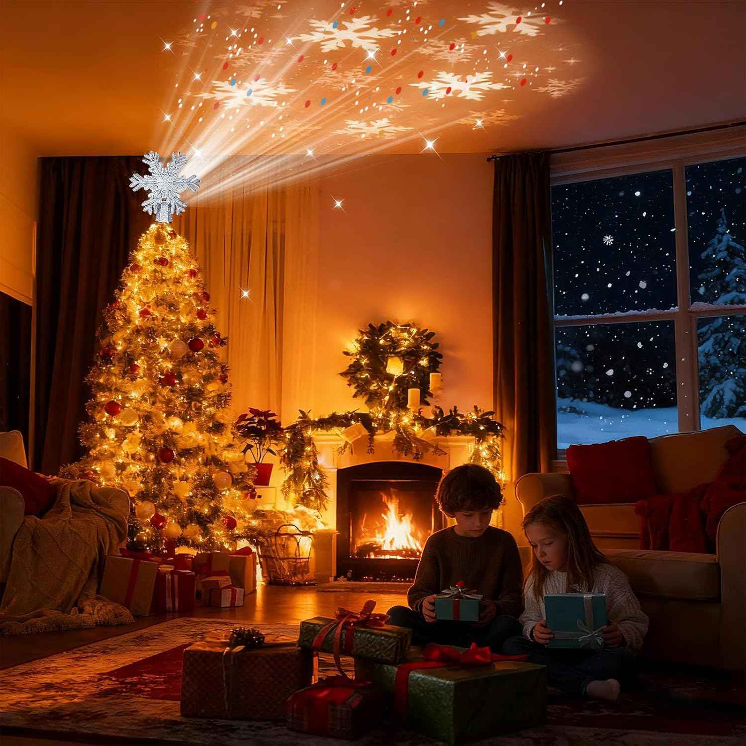 FrostyGlow Lighted Snowflake Topper – Cozy Aesthetic for Holiday Interiors, 3D Glitter Design with Wall and Ceiling Projection