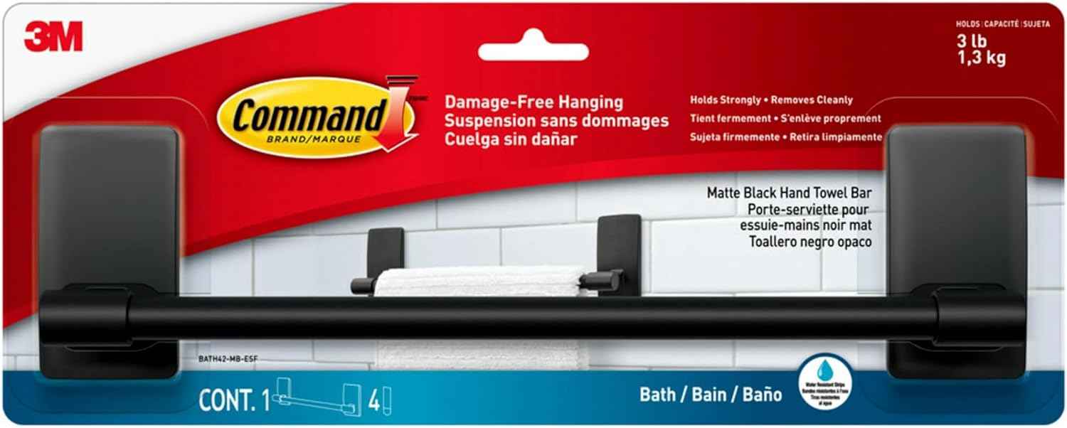 Command Hand Towel Bar Matte Black Damage Free Towel Holder with Water Resistant Strips, 9 in Bar Length Holds up to 3 lbs, Protects Rental Deposit