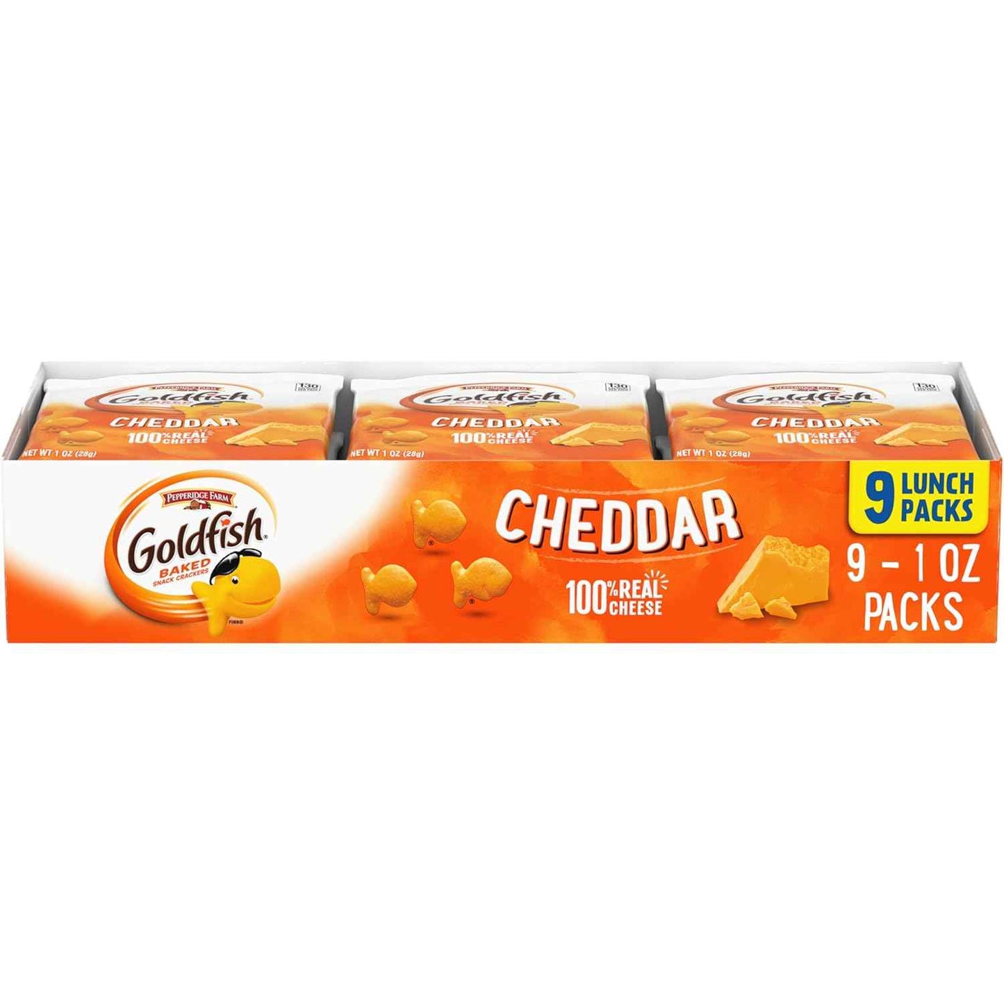 Goldfish Cheddar Cheese Crackers – Kids School Lunchbox Snack, 1 oz Single-Serve Packs, 9 Count Tray