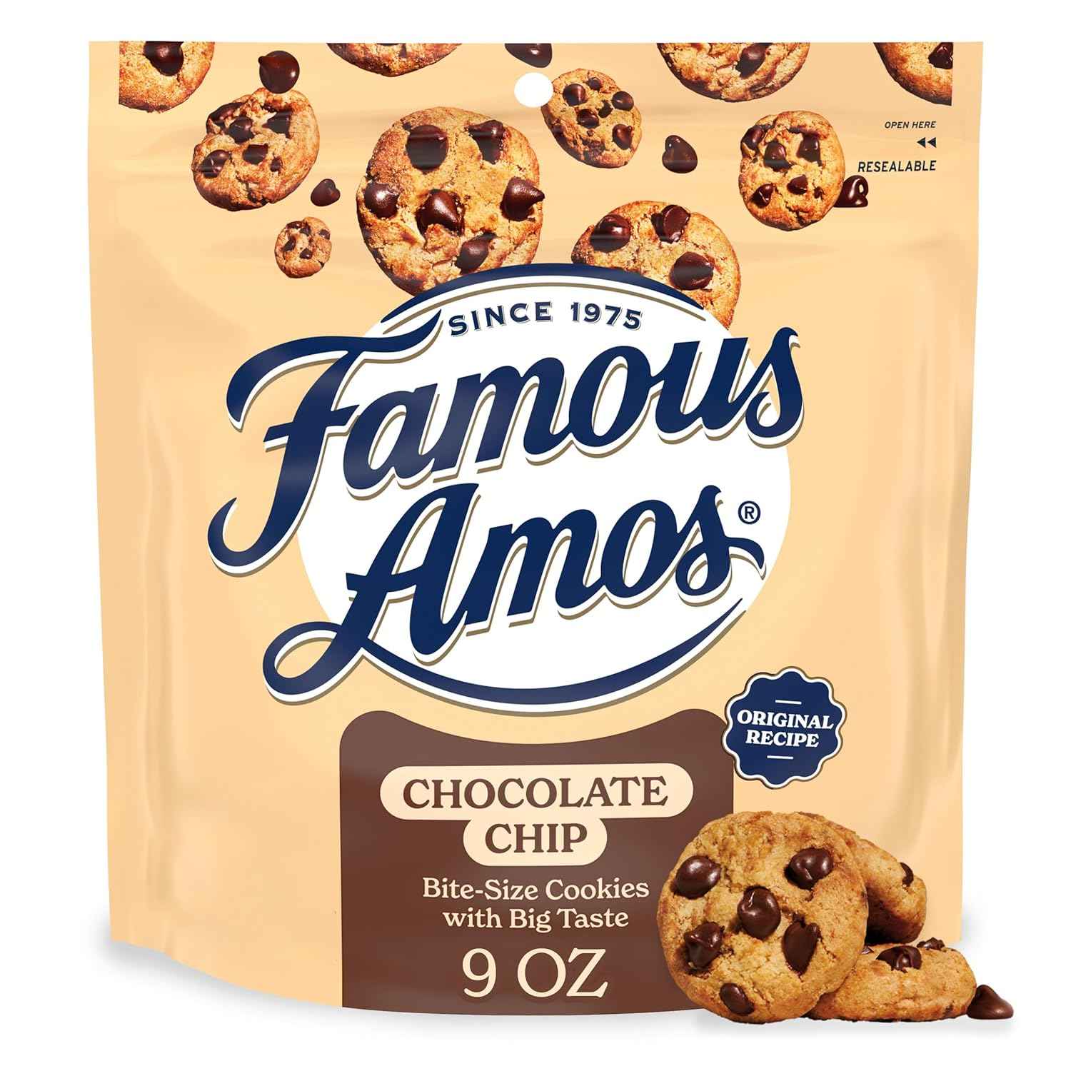 Famous Amos Chocolate Chip Cookies, Bite-Size Snack Bag for School Lunchboxes and Kids' Backpacks, 9 oz Resealable Pack