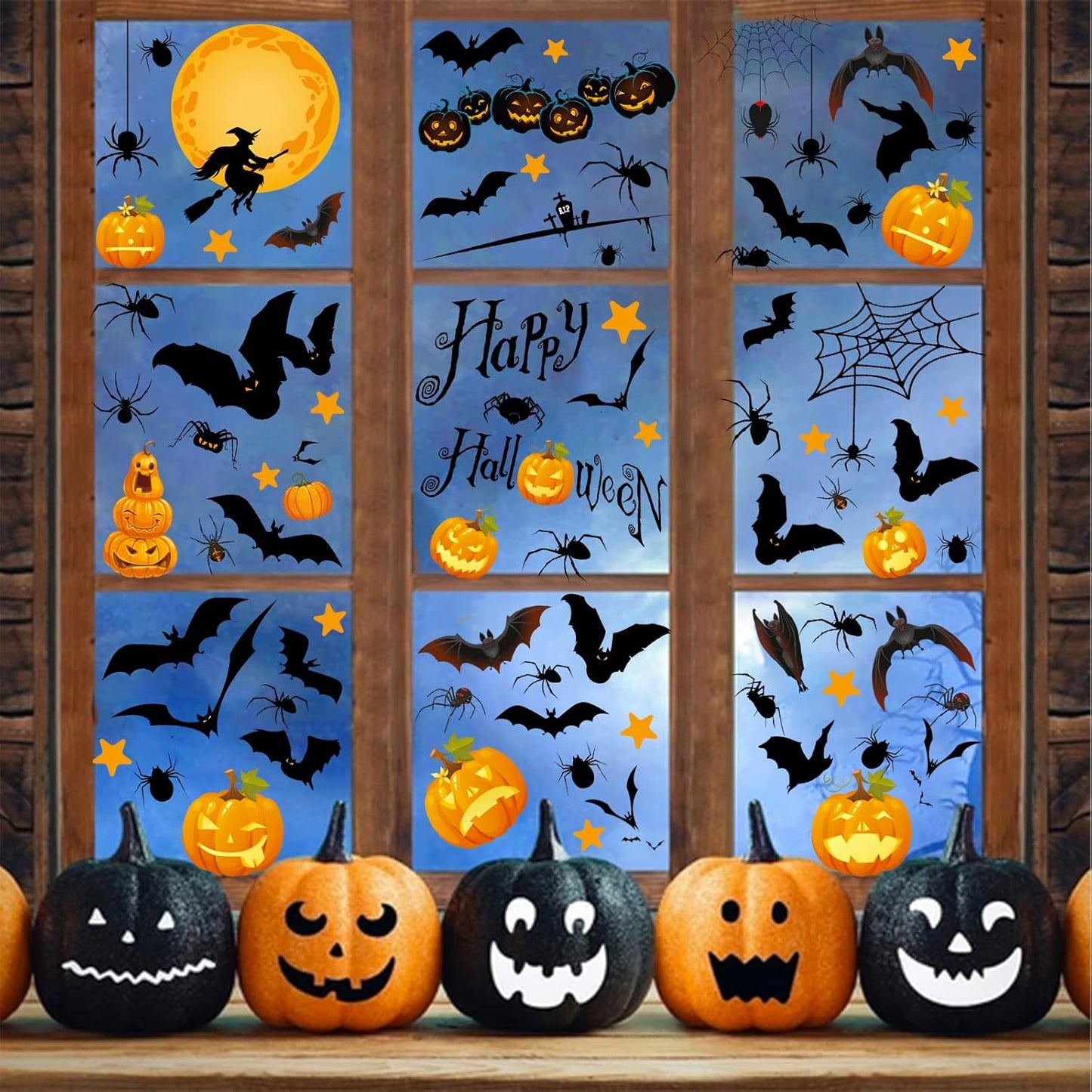 Pumpkin Spider Bats Shop Window Clings – Simple Halloween Window Touch for Uncluttered Homes, Single 9-Piece Set