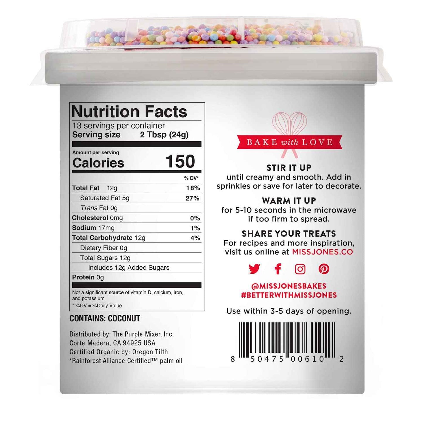 Miss Jones Baking Co. Confetti Pop Vegan Frosting, 11.98 oz – Thoughtful Hostess Gift for Plant-Based Dinner Parties